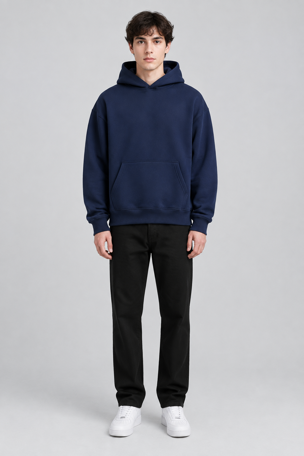 Model wearing the SAUVRIM Blue Browl hoodie, front view