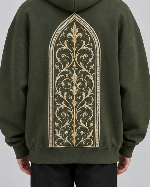 Close view of the arch embroidery on the SAUVRIM Olive Arch hoodie