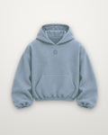 SAUVRIM Red Sun Crane hoodie in dusty blue, front, small tonal crest
