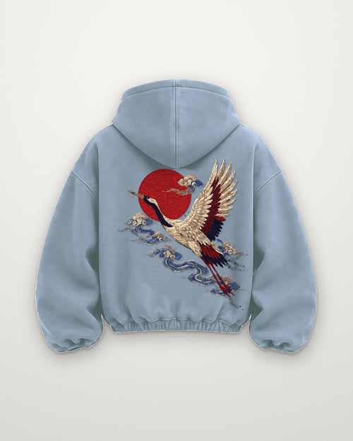 Back of the Red Sun Crane hoodie with the embroidered crane, clouds and red sun