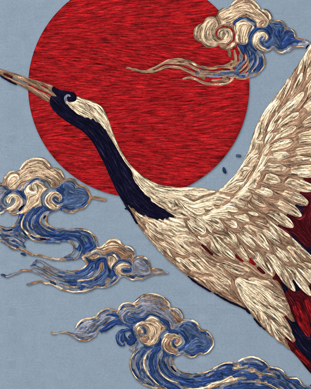 Close-up of the crane embroidery and the red twill sun