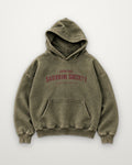 SAUVRIM Society hoodie in mineral-washed burnt olive, front, SAUVRIM SOCIETY chest print