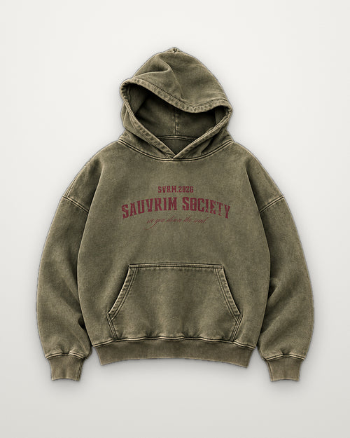 SAUVRIM Society hoodie in mineral-washed burnt olive, front, SAUVRIM SOCIETY chest print