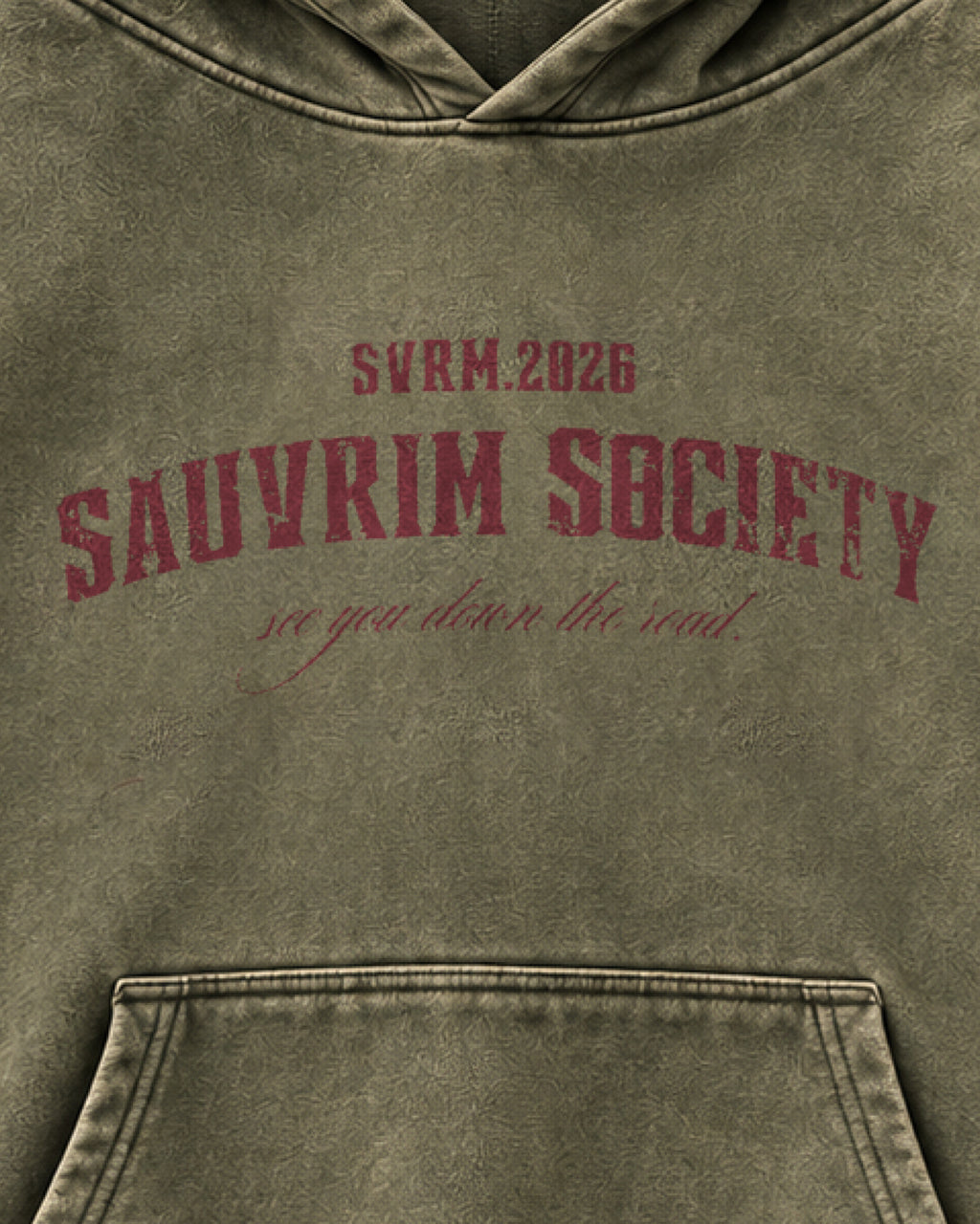 Close-up of the SAUVRIM SOCIETY print in rhubarb red