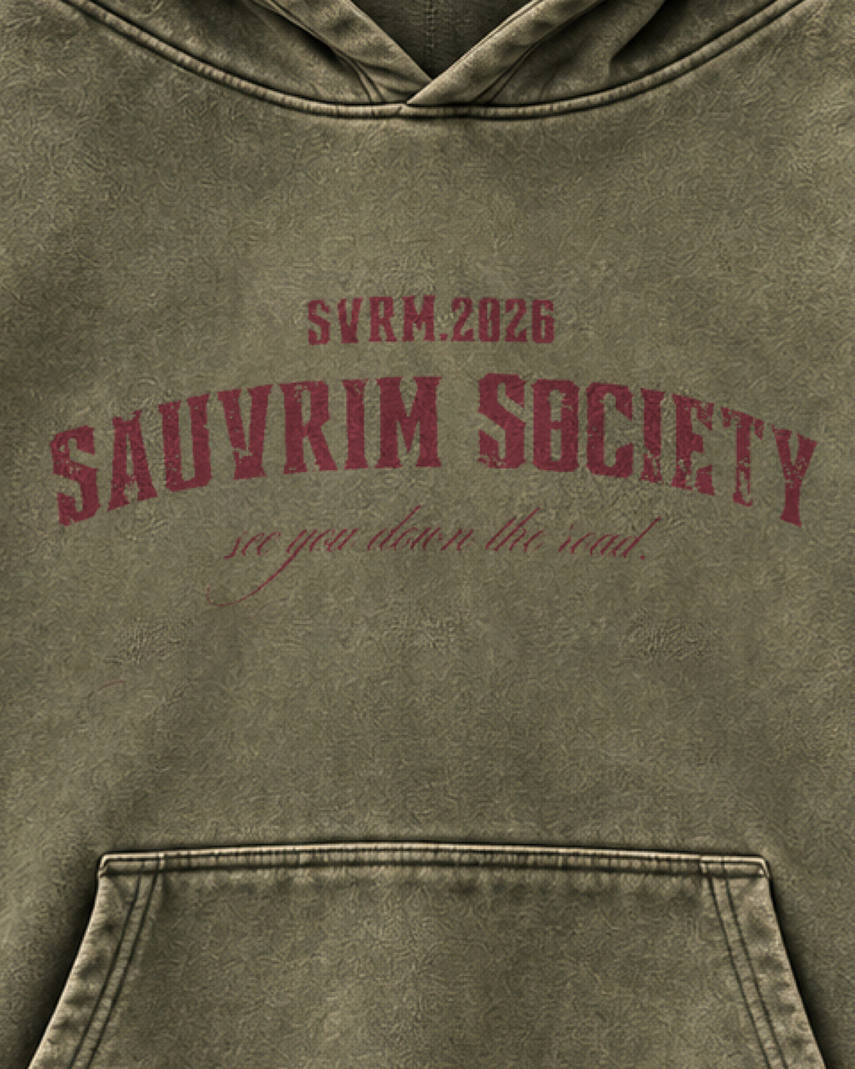 Close-up of the SAUVRIM SOCIETY print in rhubarb red