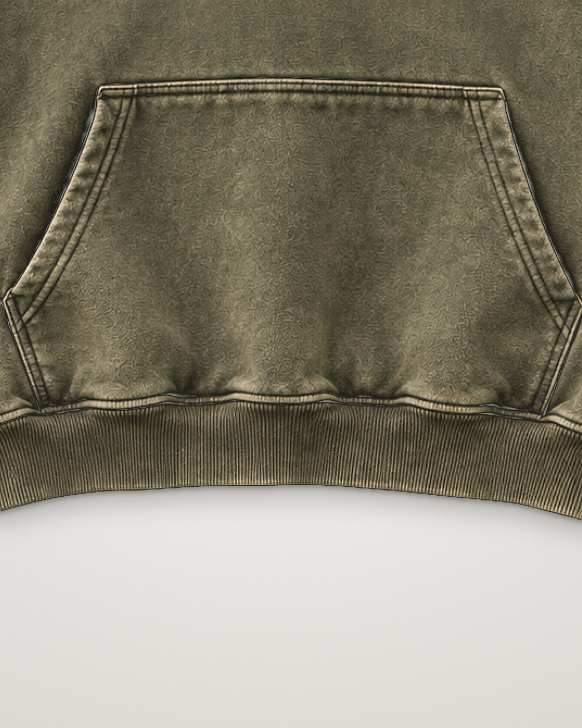 Kangaroo pocket and 2x2 rib hem of the SAUVRIM Society hoodie