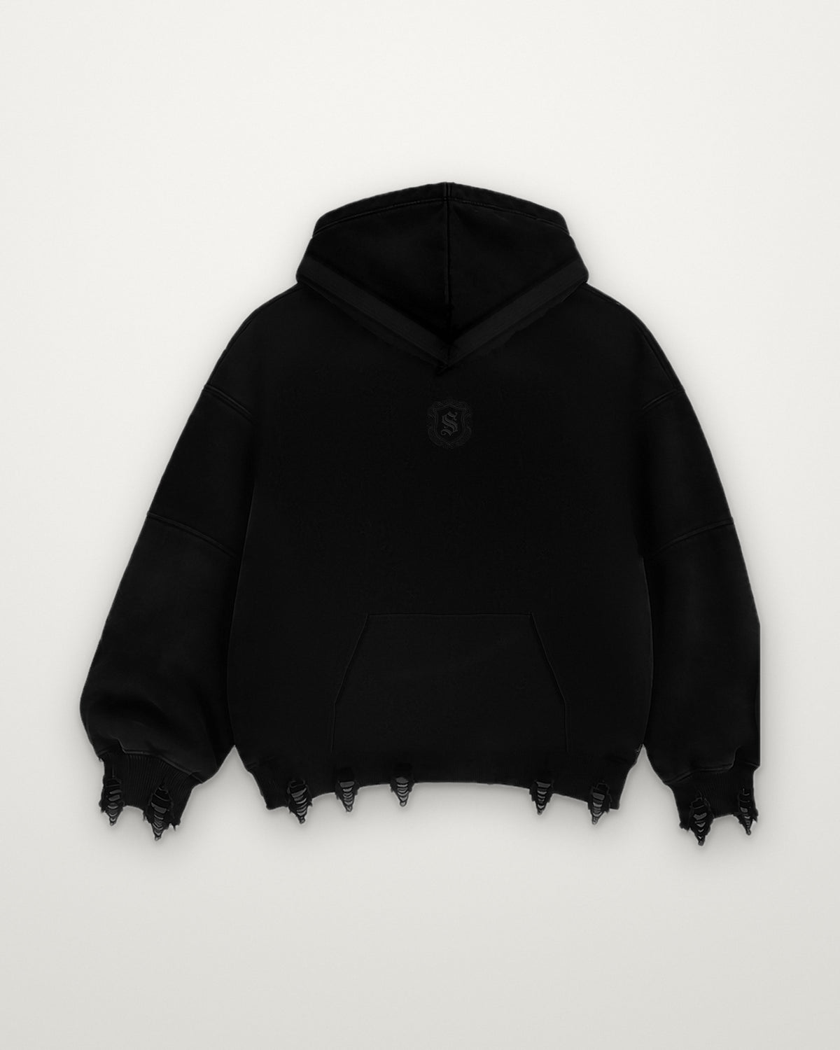 SAUVRIM Sword & Script hoodie in jet black, front, tonal crest on the chest
