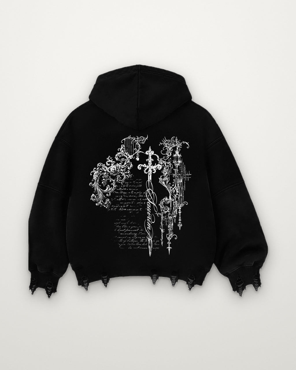Back of the Sword & Script hoodie: baroque sword, scrollwork and handwriting print