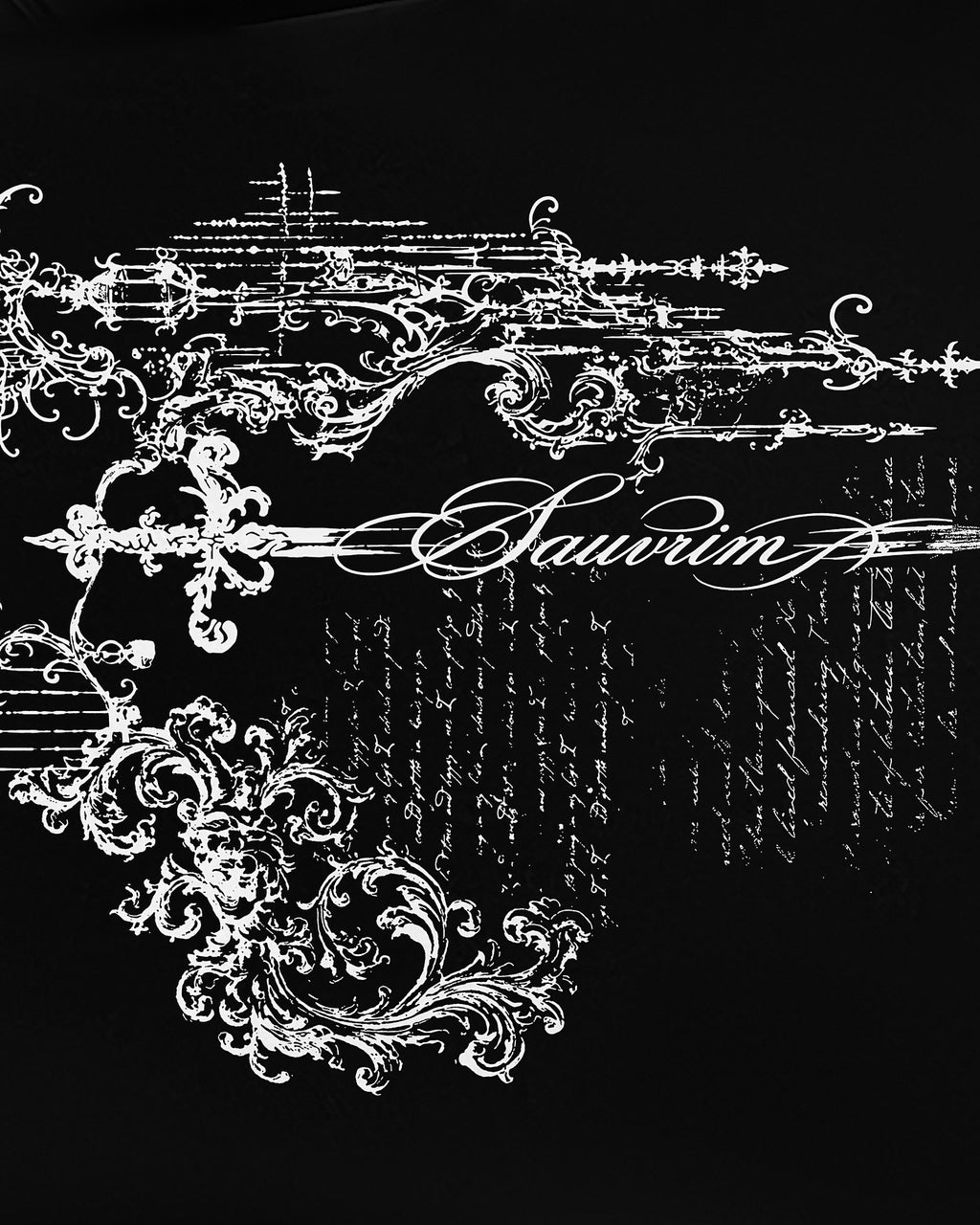 Close-up of the Sword & Script back print with the SAUVRIM script