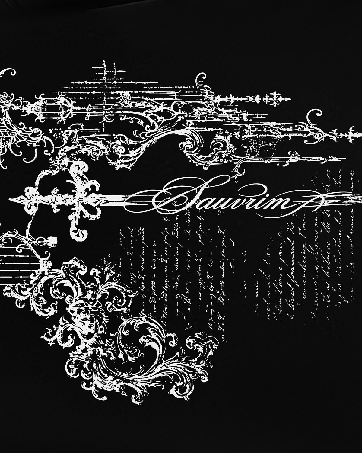Close-up of the Sword & Script back print with the SAUVRIM script